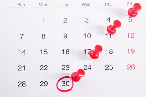 close up photo of red pins on a calendar